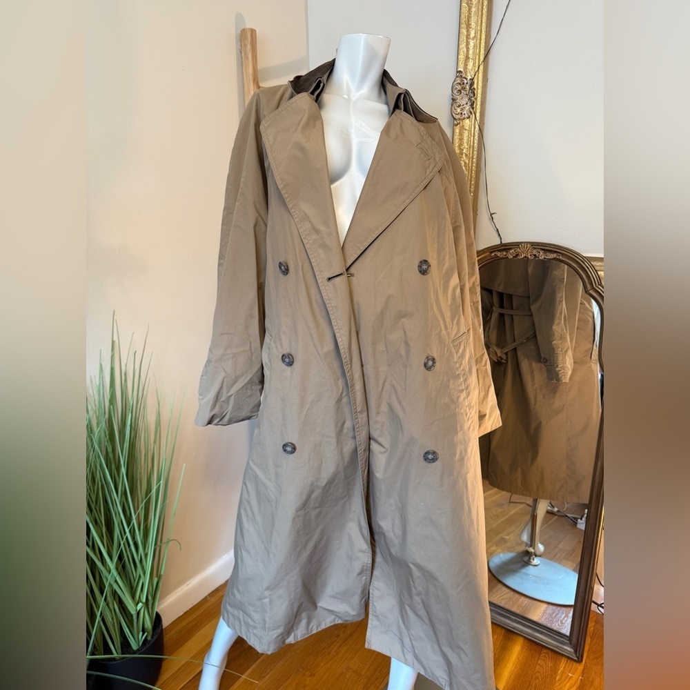 London Fog Double Breasted Full Length Beige Dress Trench Rain Coat 40R VINTAGE